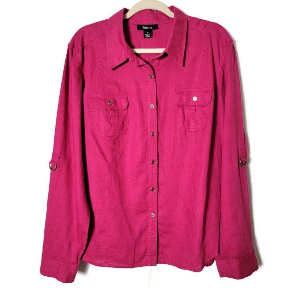 Style & Co Hot Pink 100% Linen Boho Long Roll Tab Sleeve Button Up Shirt Top 18